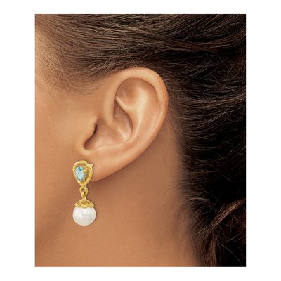 14K Yellow Gold Freshwater Cultured Pearl & Swiss Blue Topaz Dangle Earrings – view 3