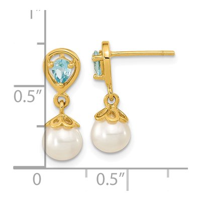 14K Yellow Gold Freshwater Cultured Pearl & Swiss Blue Topaz Dangle Earrings – view 4
