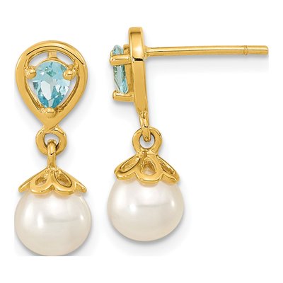 14K Yellow Gold Freshwater Cultured Pearl & Swiss Blue Topaz Dangle Earrings