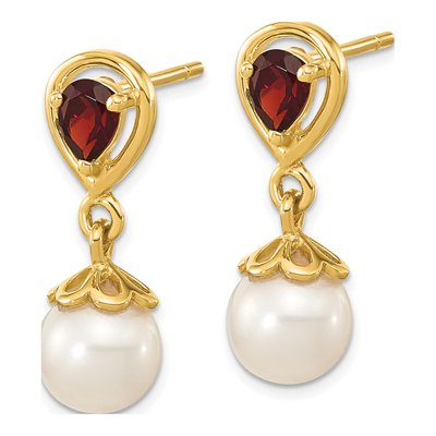14K Yellow Gold Freshwater Cultured Pearl & Garnet Dangle Earrings – view 2