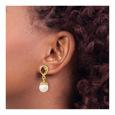 14K Yellow Gold Freshwater Cultured Pearl & Garnet Dangle Earrings – view 3