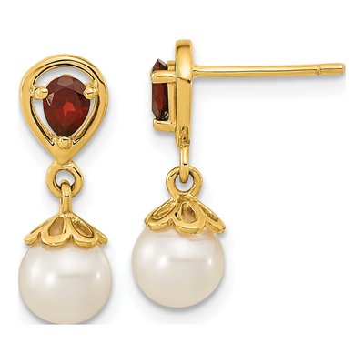 14K Yellow Gold Freshwater Cultured Pearl & Garnet Dangle Earrings