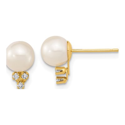 14K Yellow Gold 1/20 ct tw Round Freshwater Cultured Pearl & Diamond Stud Earrings