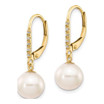 14K Yellow Gold 1/20 ct tw Freshwater Cultured Pearl & Diamond Leverback Earrings – view 2