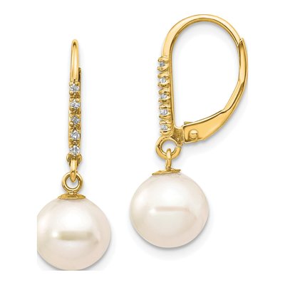 14K Yellow Gold 1/20 ct tw Freshwater Cultured Pearl & Diamond Leverback Earrings