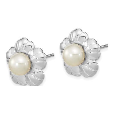 14K White Gold Button Freshwater Cultured Pearl Flower Stud Earrings – view 2