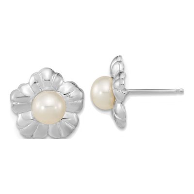 14K White Gold Button Freshwater Cultured Pearl Flower Stud Earrings