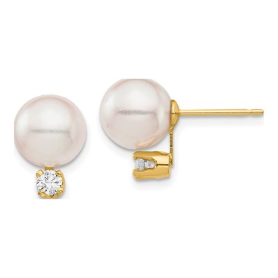 14K Yellow Gold 1/5 ct tw Round Akoya Cultured Pearl & Diamond Stud Earrings