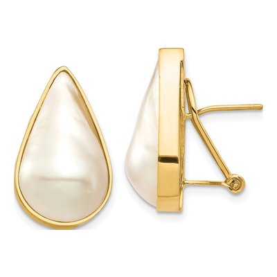 14K Yellow Gold Pear Cultured Pearl Mabe Omega Back Stud Earrings