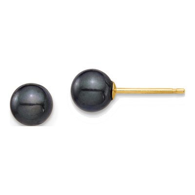 14K Yellow Gold Round Black Akoya Cultured Pearl Stud Earrings
