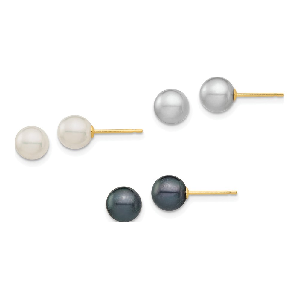 14K Gold Freshwater Pearl Stud Earrings, 3 Pair Set