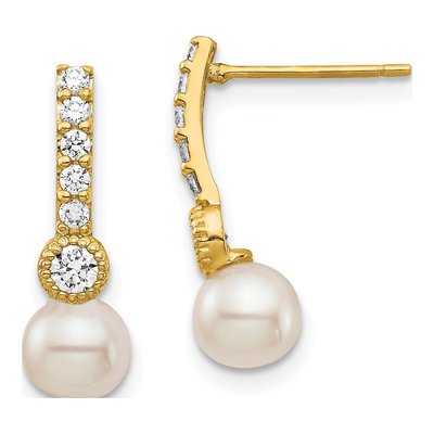 14K Yellow Gold Freshwater Cultured Pearl & CZ Dangle Earrings