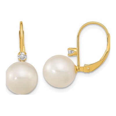 14K Yellow Gold 1/10 ct tw Freshwater Cultured Pearl & Diamond Leverback Earrings
