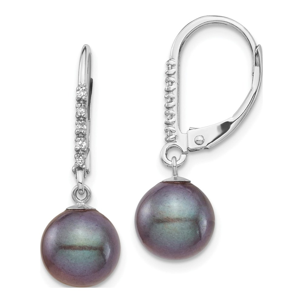 14K White Gold Black Pearl & Diamond Leverback Earrings