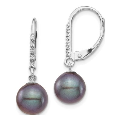 14K White Gold 1/20 ct tw Black Freshwater Cultured Pearl & Diamond Leverback Earrings