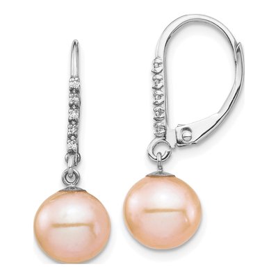 14K White Gold 1/20 ct tw Pink Freshwater Cultured Pearl & Diamond Leverback Earrings