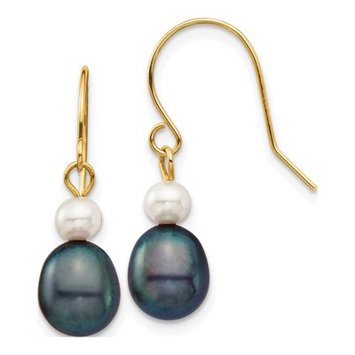 14K Gold Black & White Freshwater Pearl Dangle Earrings