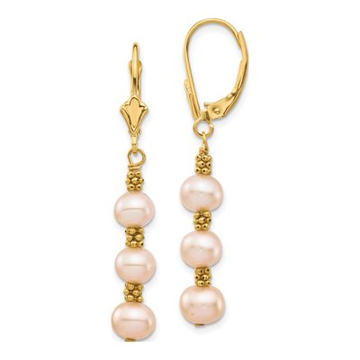 14K Yellow Gold Pink Freshwater Cultured Pearl Leverback Earrings