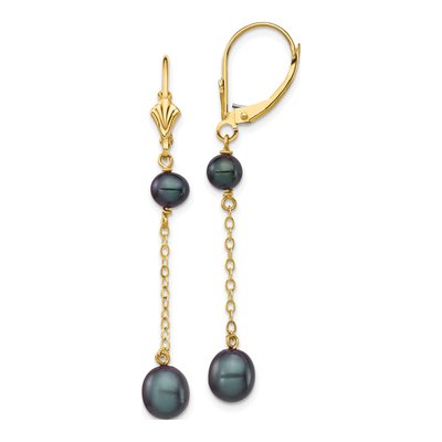 14K Yellow Gold Black Freshwater Cultured Pearl Leverback Earrings