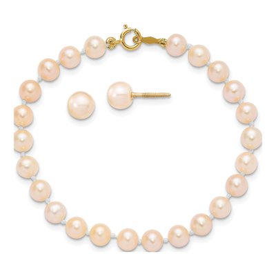 Girls' 14K Gold Pink Pearl Bracelet & Earrings Set