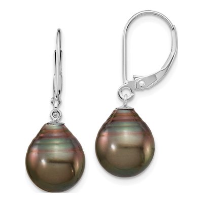 14K White Gold Black Tahitian Cultured Pearl Leverback Earrings