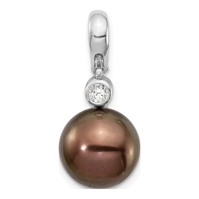 14K White Gold 1/15 ct tw Black Tahitian Cultured Pearl & Diamond Round Pendant