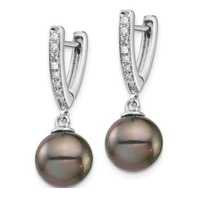 14K White Gold 1/10 ct tw Black Tahitian Cultured Pearl & Diamond Round Dangle Earrings – view 2