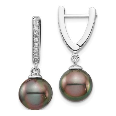 14K White Gold 1/10 ct tw Black Tahitian Cultured Pearl & Diamond Round Dangle Earrings