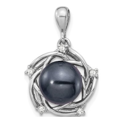 14K White Gold 1/15 ct tw Black Tahitian Cultured Pearl & Diamond Wg Round 075Ct Pendant