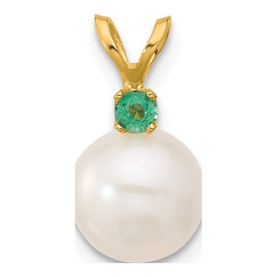 14K Yellow Gold Emerald & Freshwater Cultured Pearl 14k8 Round 09EM Pendant