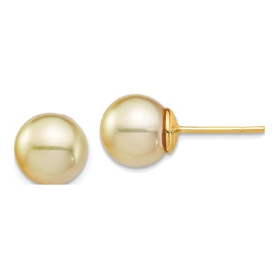 14K Yellow Gold Round Cultured Pearl Golden Stud Earrings