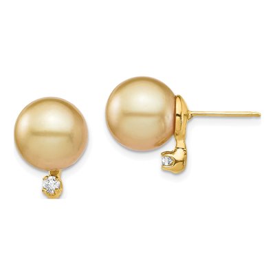14K Yellow Gold 1/10 ct tw Round Cultured Pearl & Diamond Golden Stud Earrings