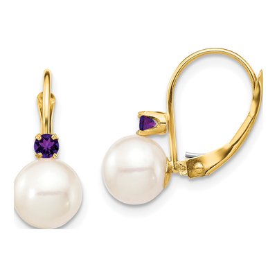 14K Yellow Gold Freshwater Cultured Pearl & Amethyst Leverback Earrings