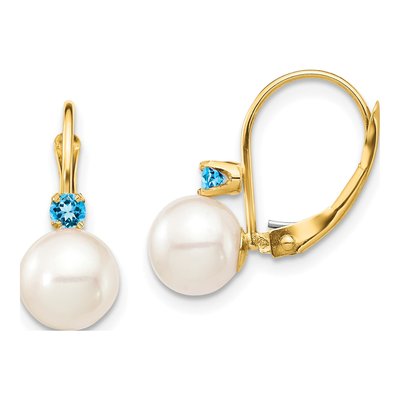 14K Yellow Gold Freshwater Cultured Pearl & Swiss Blue Topaz Leverback Earrings