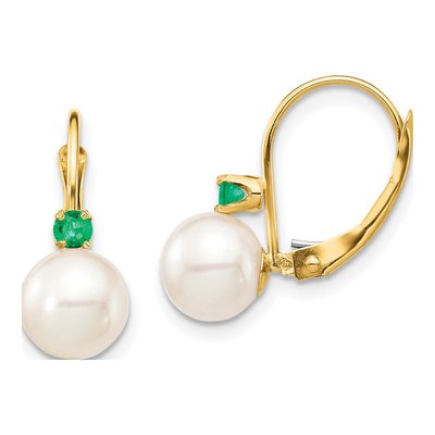 14K Yellow Gold Freshwater Cultured Pearl & Emerald Leverback Earrings