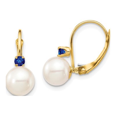 14K Yellow Gold Freshwater Cultured Pearl & Sapphire Leverback Earrings