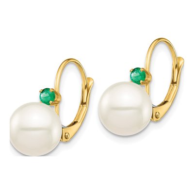14K Yellow Gold Freshwater Cultured Pearl & Emerald Leverback Earrings – view 2