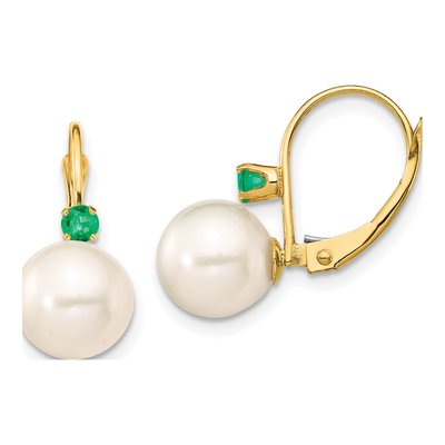 14K Yellow Gold Freshwater Cultured Pearl & Emerald Leverback Earrings