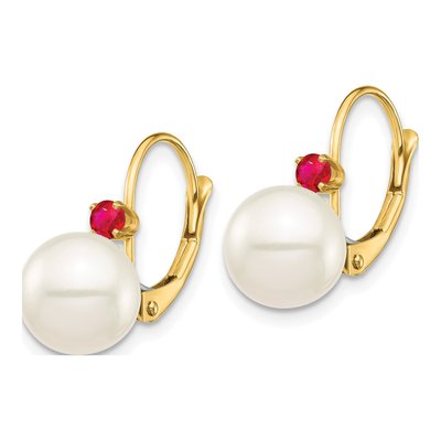 14K Yellow Gold Freshwater Cultured Pearl & Ruby Round 18RU Leverback Earrings – view 2