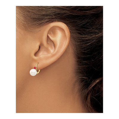 14K Yellow Gold Freshwater Cultured Pearl & Ruby Round 18RU Leverback Earrings – view 3