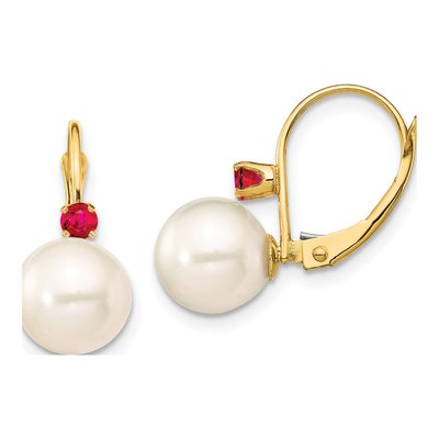 14K Yellow Gold Freshwater Cultured Pearl & Ruby Round 18RU Leverback Earrings