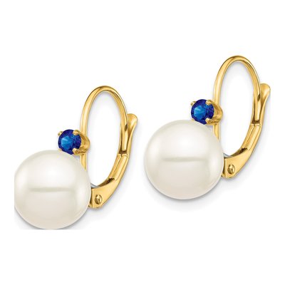 14K Yellow Gold Freshwater Cultured Pearl & Sapphire Leverback Earrings – view 2
