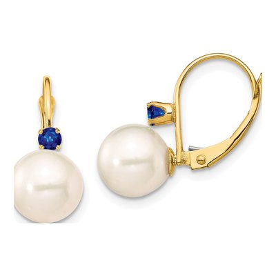 14K Yellow Gold Freshwater Cultured Pearl & Sapphire Leverback Earrings