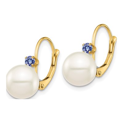 14K Yellow Gold Freshwater Cultured Pearl & Tanzanite Leverback Earrings – view 2