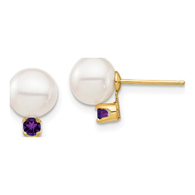 14K Yellow Gold Round Freshwater Cultured Pearl & Amethyst Stud Earrings