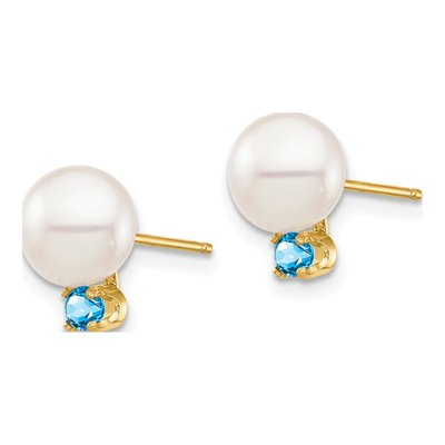 14K Yellow Gold Round Freshwater Cultured Pearl & Swiss Blue Topaz Stud Earrings – view 2