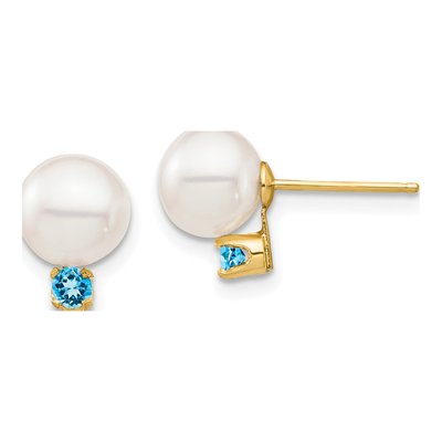 14K Yellow Gold Round Freshwater Cultured Pearl & Swiss Blue Topaz Stud Earrings