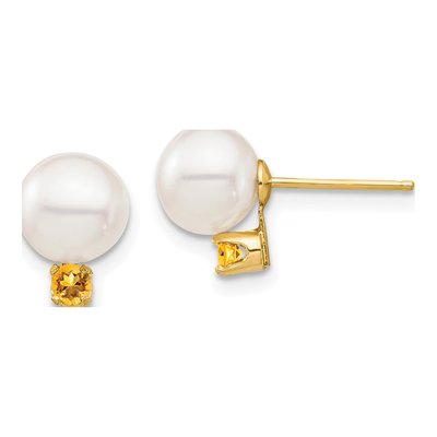 14K Yellow Gold Round Freshwater Cultured Pearl & Citrine Stud Earrings