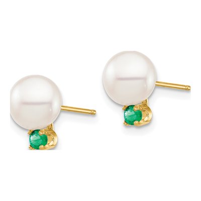 14K Yellow Gold Round Freshwater Cultured Pearl & Emerald Stud Earrings – view 2