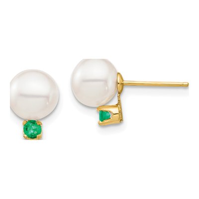 14K Yellow Gold Round Freshwater Cultured Pearl & Emerald Stud Earrings